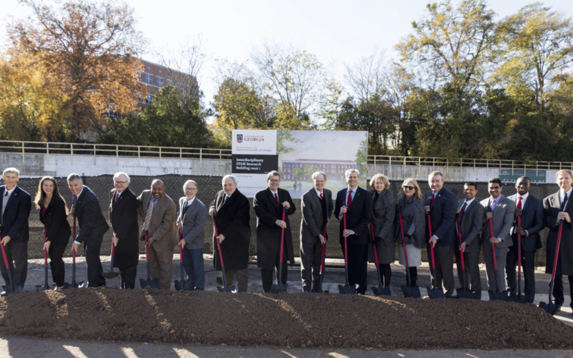 President Jere W. Morehead and representatives from the university and state officially break ground on the new I-STEM Research Building on South Campus. (Photo by Andrew Davis Tucker/UGA)