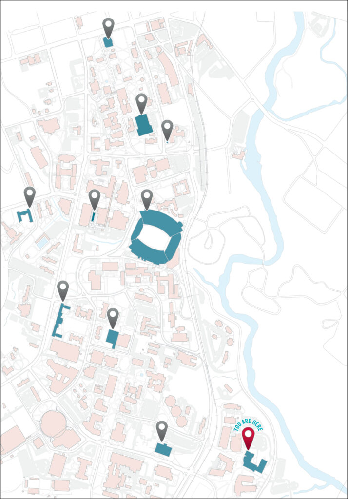 Map that includes the Hugh Hodgson School of Music at the University of Georgia